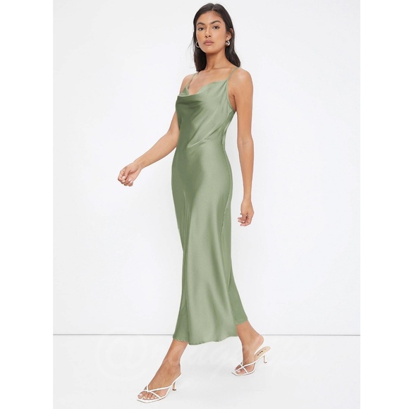Green Satin Cami Dress Midi Adjustable Spaghetti Straps - Picture 7 of 8
